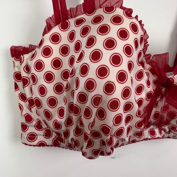 Cacique Polka Dot Bra 40F, white red, lace + bow 40DDD - Picture 2 of 11